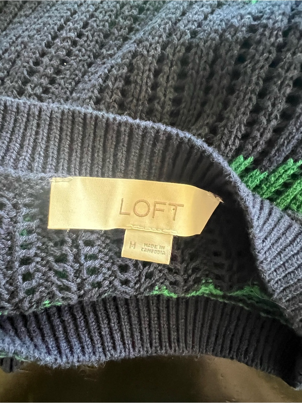 LOFT Green & Navy Striped Open Knit Cotton Sweater Size Medium - Picture 2 of 9